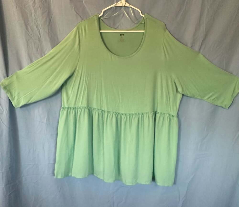 Peplum Top, Size 3X, Green Babydoll Tunic Round Neck Blouse Shirt